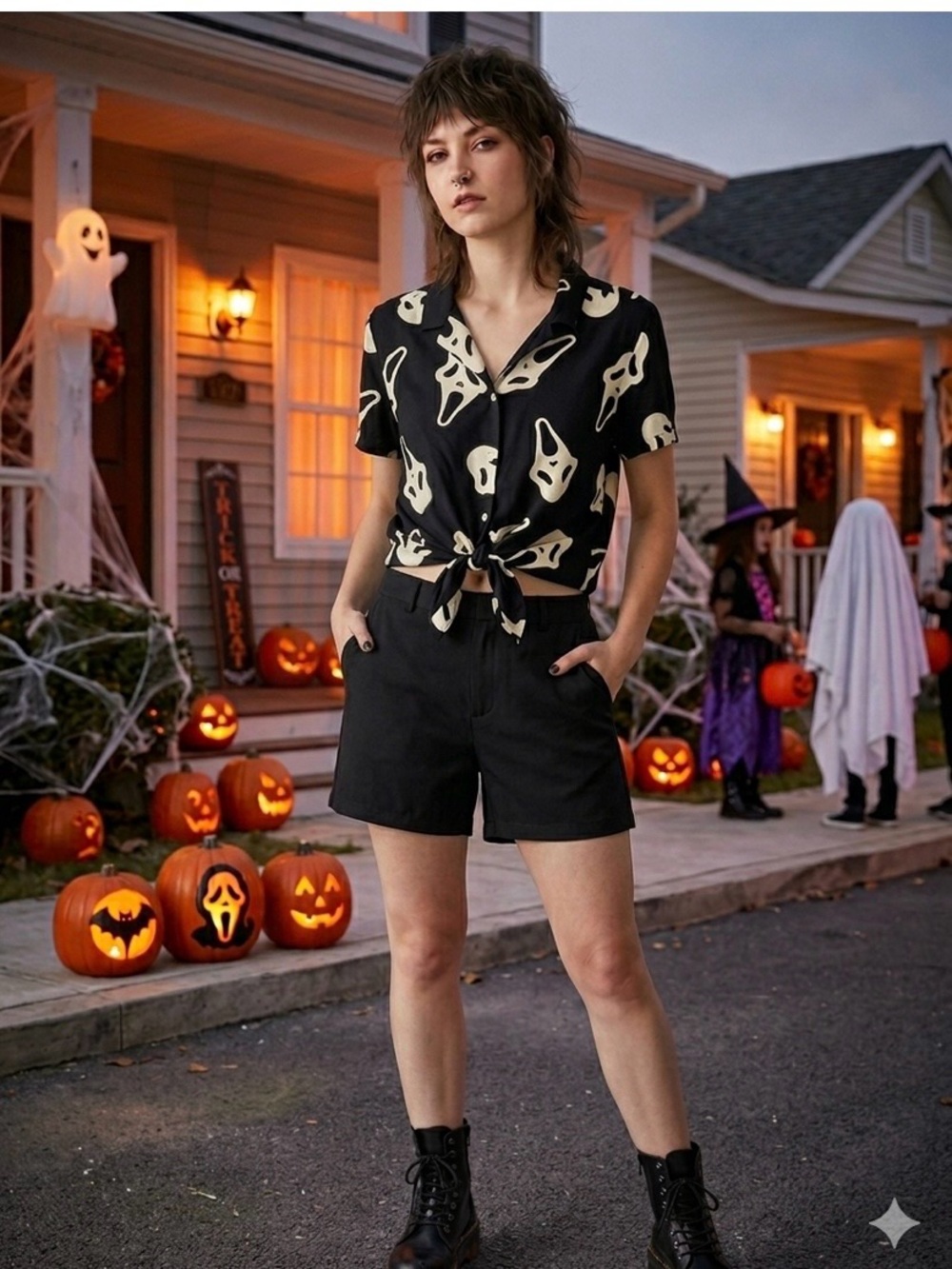 Ghost Face Brand Scream Cropped Tie Front Button Up Shirt Women’s L #Ghostface